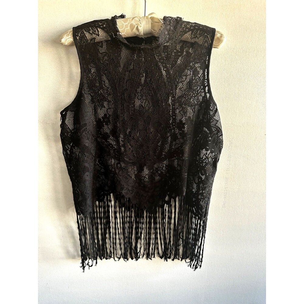Soho NY Company Fringe Top XS Black Mesh Lace Boho Festival Y2K Whimsy Grunge